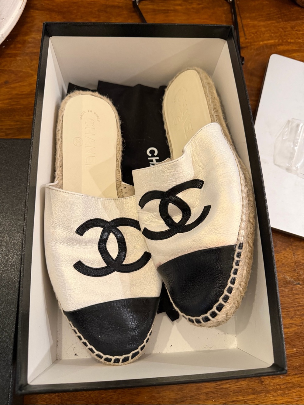 Chanel CC Lambskin Espadrille Mule Slides Ivory/Black